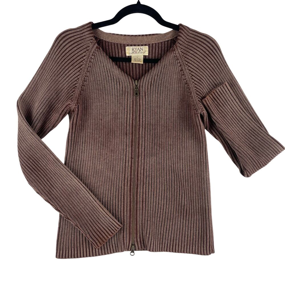 Ryan Michael Womens Ribbed Full Zip Cardigan SZ S Brown Long Sleeve Cotton